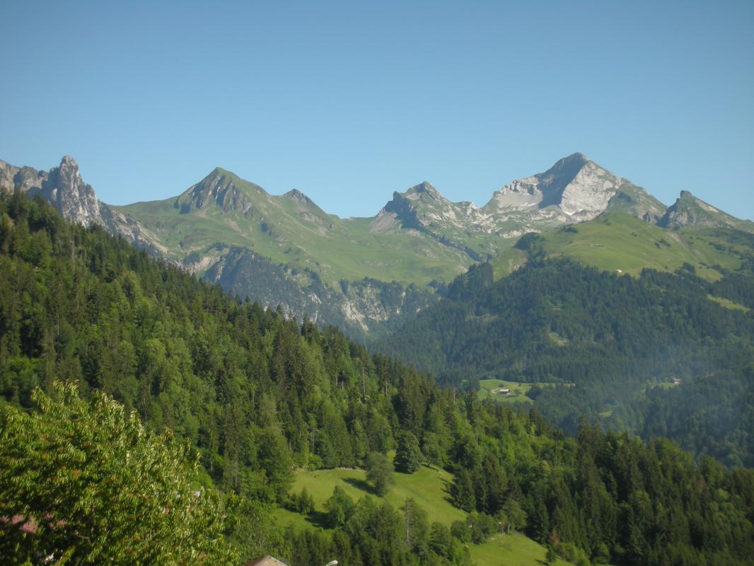Chalet l'Hermine vue depuis la terrasse sur le massif de la Tournette