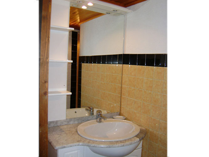 Salle de douche avec vasque sur meuble. WC ind&eacute;pendant. 