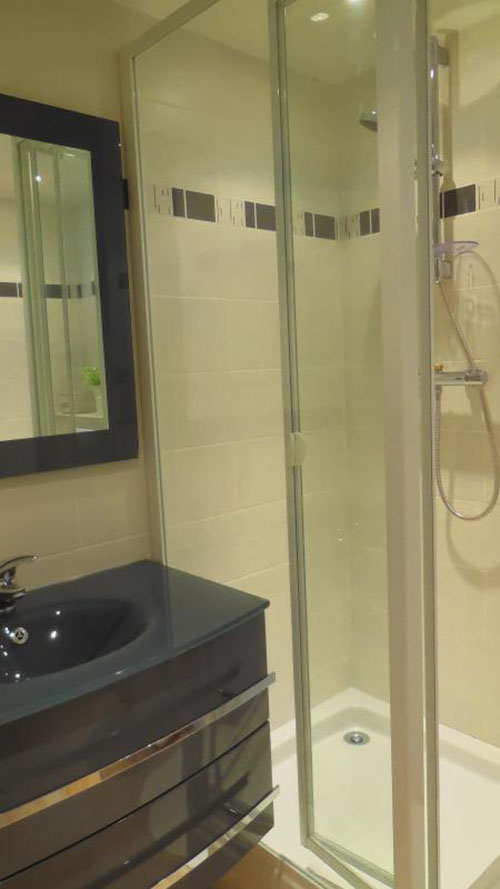 Salle de bain avec douche, wc et meuble de rangement.