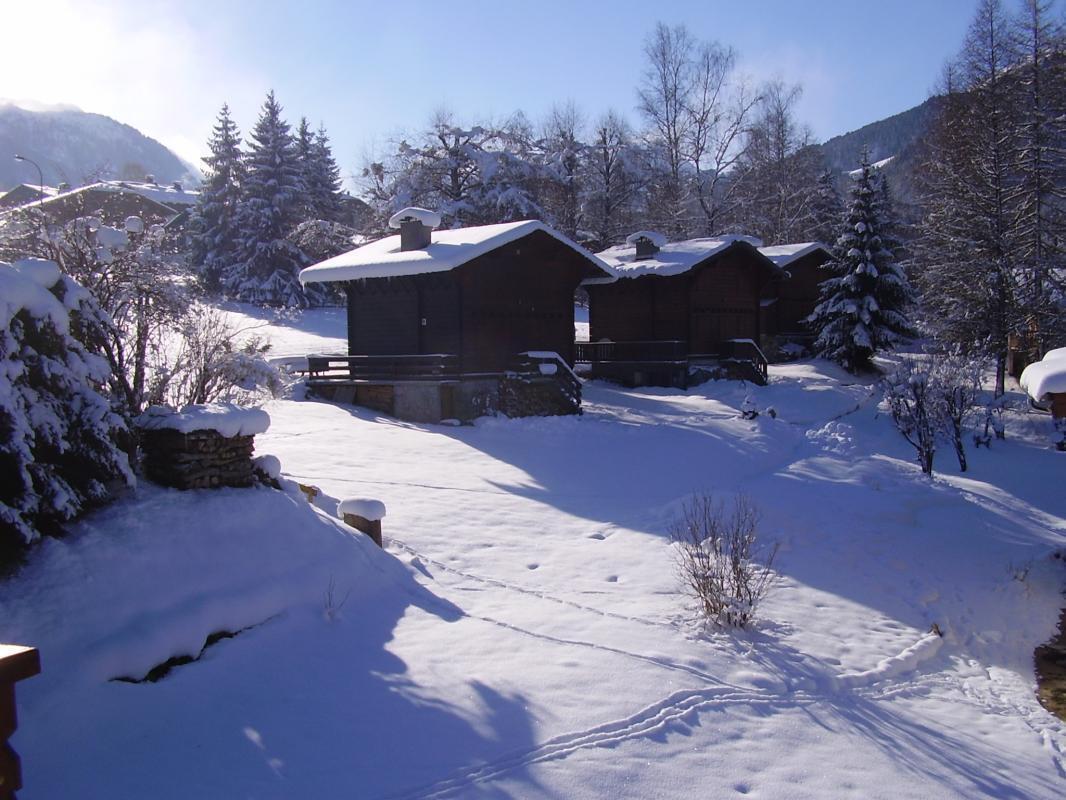 Vue sur le paysage de l'appartement (petits chalets,au loin : le Col du Bonhomme, &agrave; gauche :la chaine du Mt Blanc 